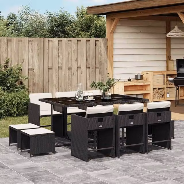 Berkfield Home 11 Piece Black Poly Rattan Garden Dining Set with Cushions and Glass Top