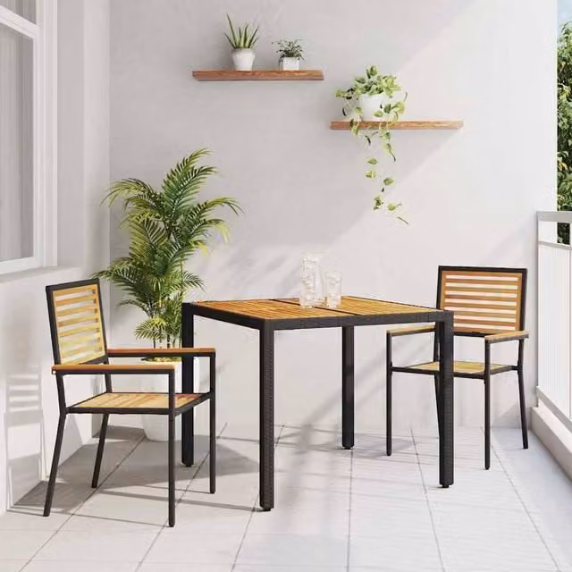 Berkfield Home 3 Piece Modern Garden Dining Set in Black Poly Rattan and Acacia Wood