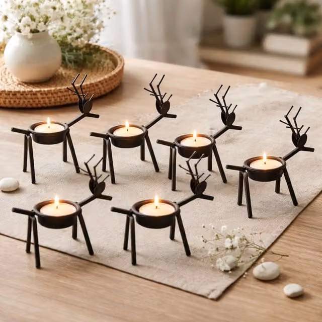 Marco Paul Set of 6 Metal Reindeer Tealight Candle Holders with Tealights, Brown Rustic Decor