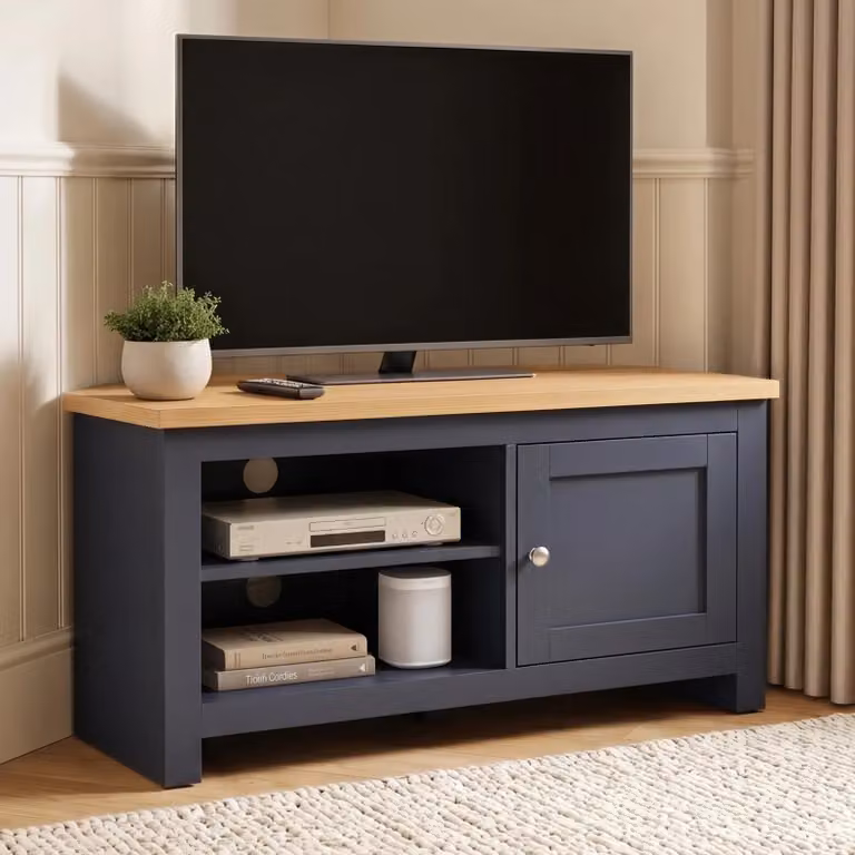 DHS Tavero Corner TV Unit with Storage for TVs up to 43 inch, Blue, W/D/H: 95 x 45 x 52 cm