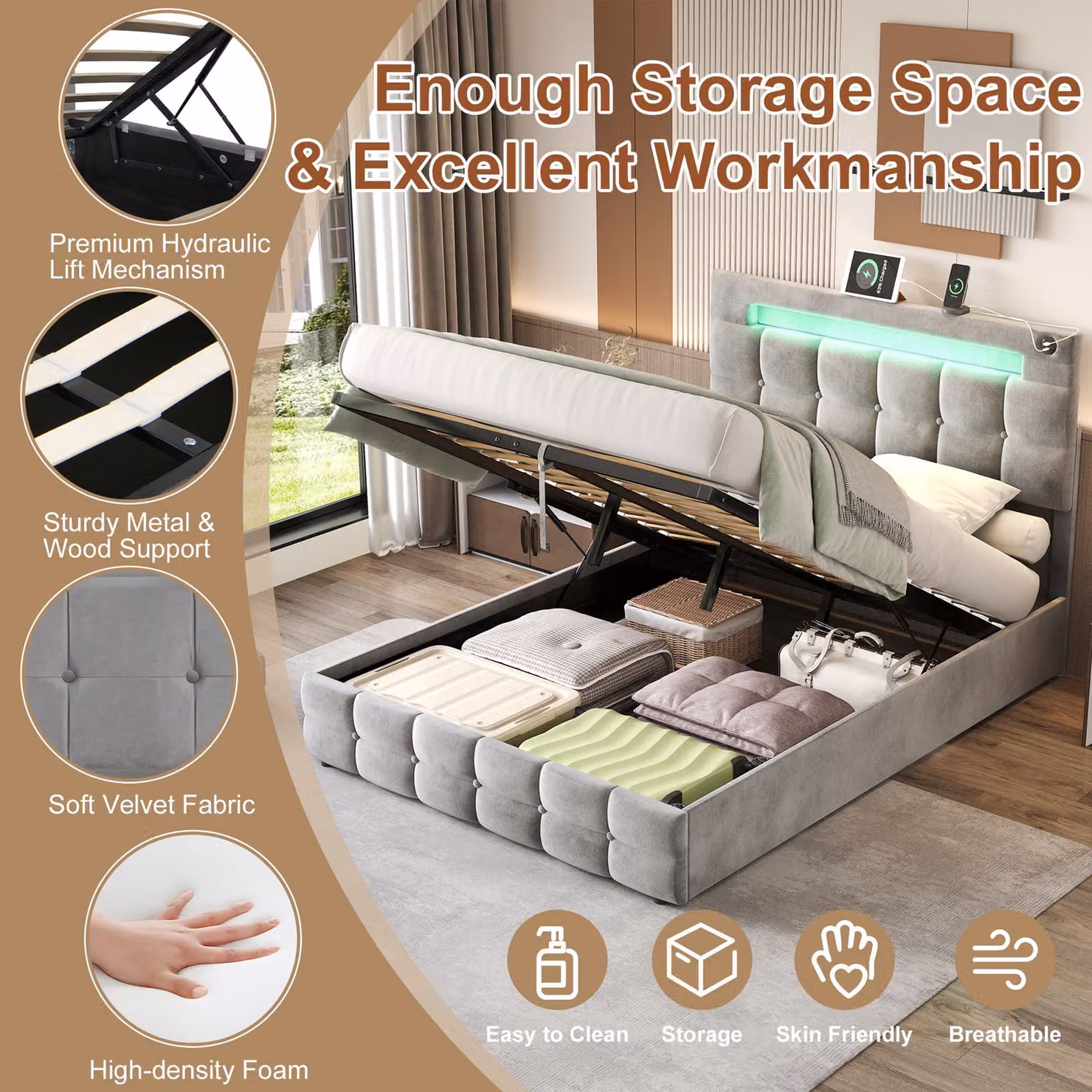 Aosom UK Grey Velvet Double Upholstered Bed Frame with Hydraulic Storage, LED Lighting and USB Charging Station, L x W x H: 202.5 x 142 x 108 cm – 4