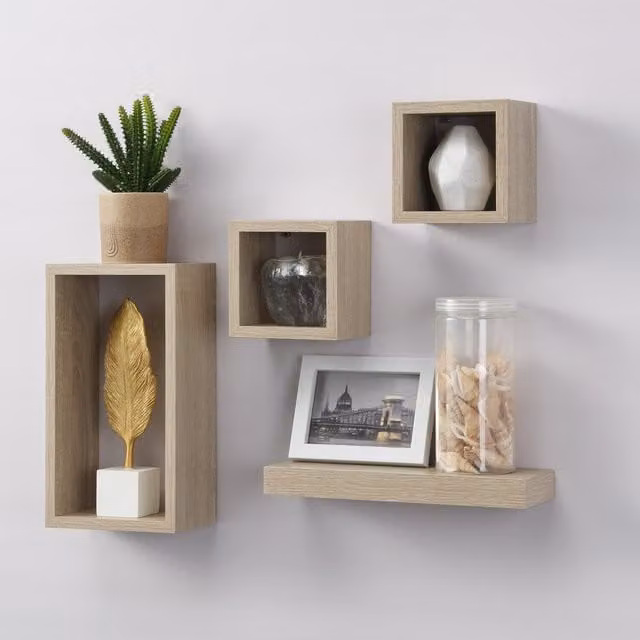 Latitude Set of 4 Modern Oak Floating Wall Mounted Shelves in Brown
