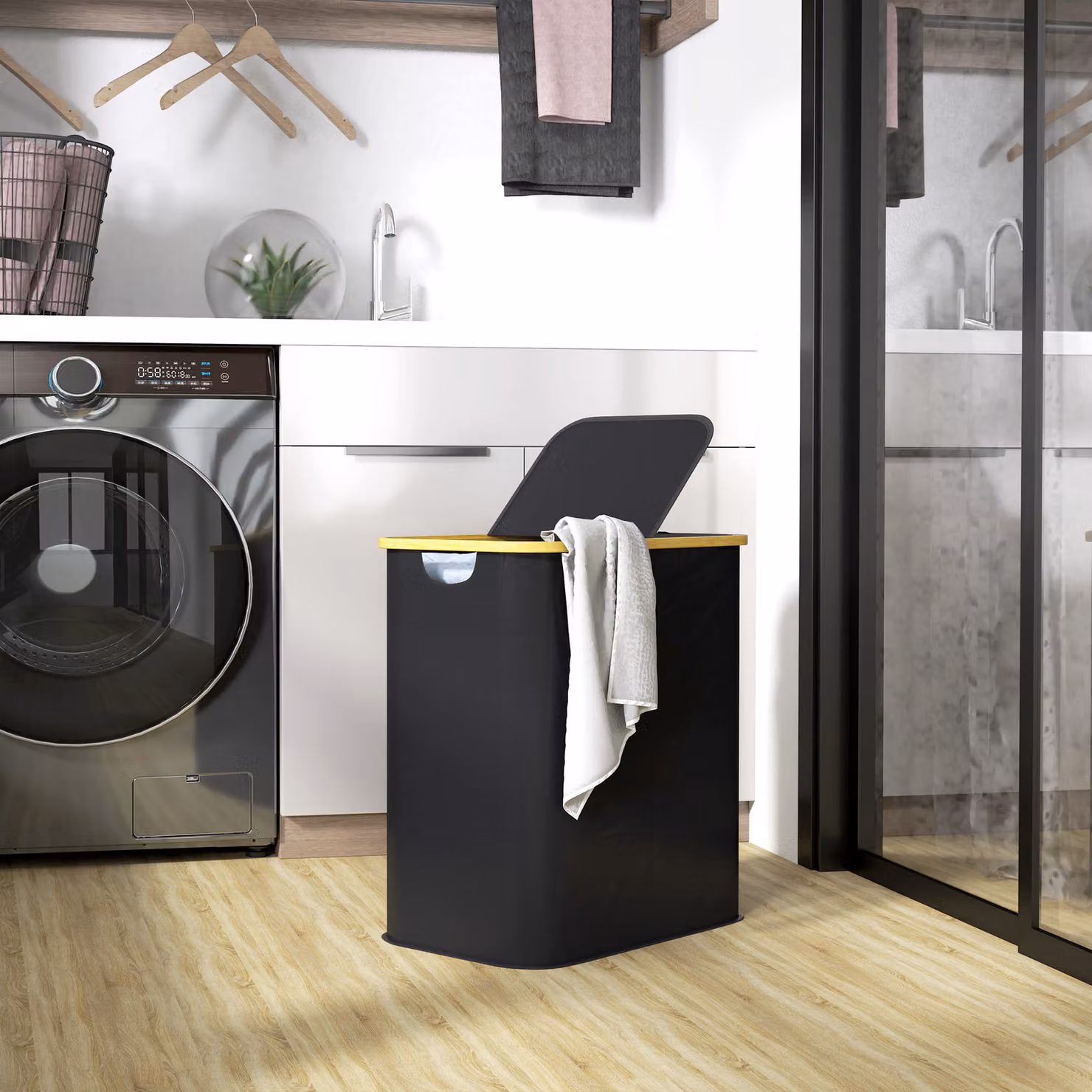 HOMCOM Double Collapsible Laundry Basket with Lid and Groove Handles, 80L, Black – 2
