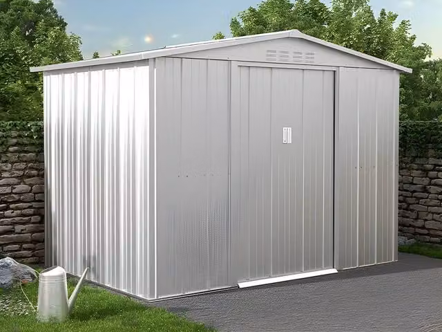 Vente-unique LINUS Galvanised Steel Garden Shed in Light Grey with Double Doors and Gable Roof