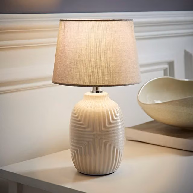 Harrison Small Geo Ribbed Gloss Ceramic Table Lamp with Tapered Shade and LED Bulb in Grey