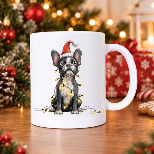 60 Second Makeover French Bulldog Christmas Lights Ceramic Mug in White