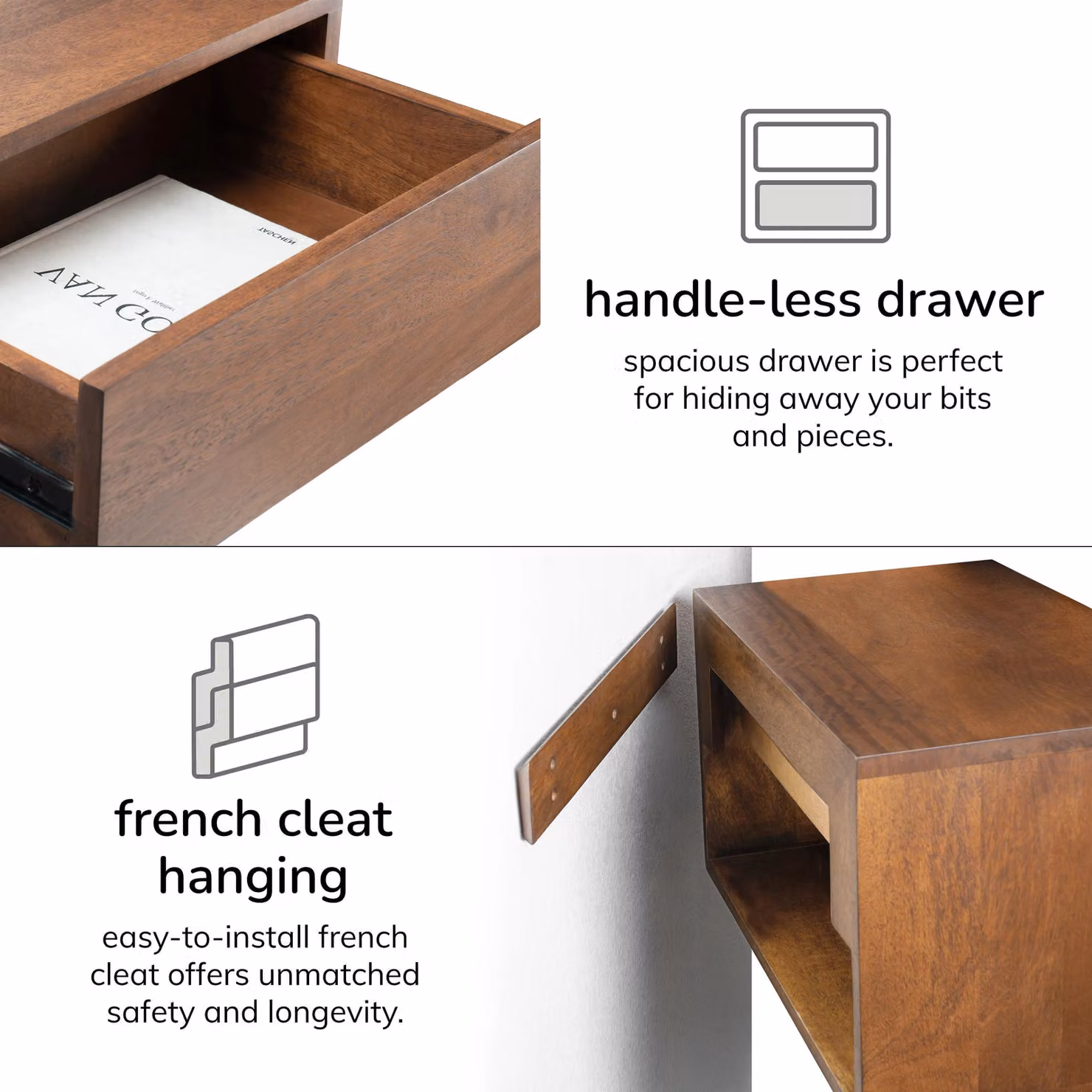 MH London Idris Solid Wood Floating Nightstand with Storage Drawer and Open Shelf in Walnut Brown – 3
