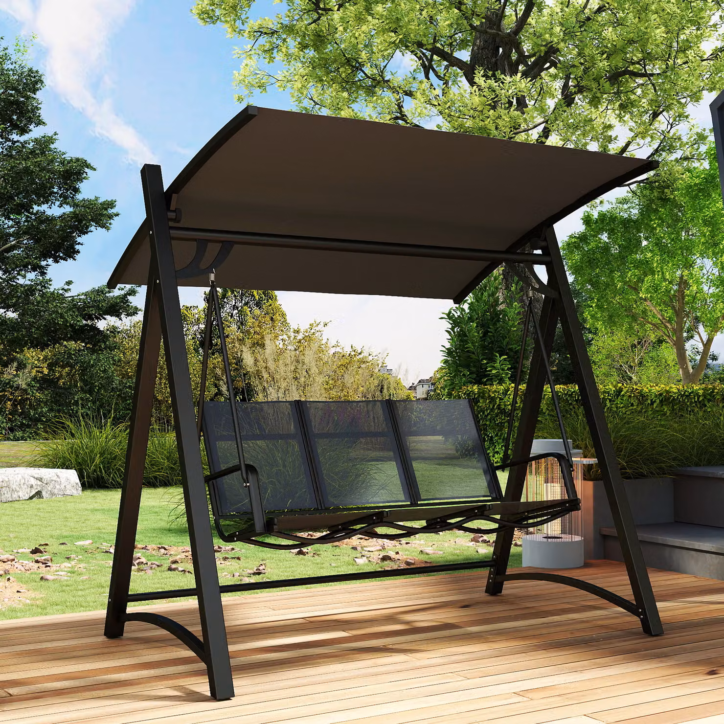 Outsunny 3 Seater Garden Swing Bench with Adjustable Sun Canopy in Grey – 8