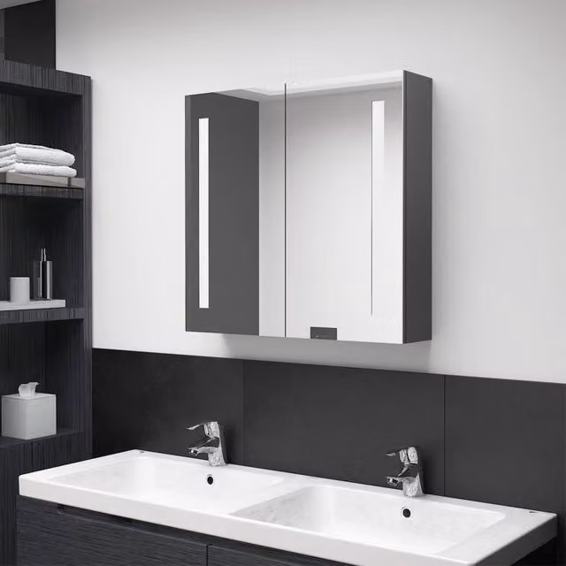 Berkfield Home Grey Glossy LED Bathroom Mirror Cabinet with Internal Shelves, W/D/H: 60 x 14 x 62 cm – 1