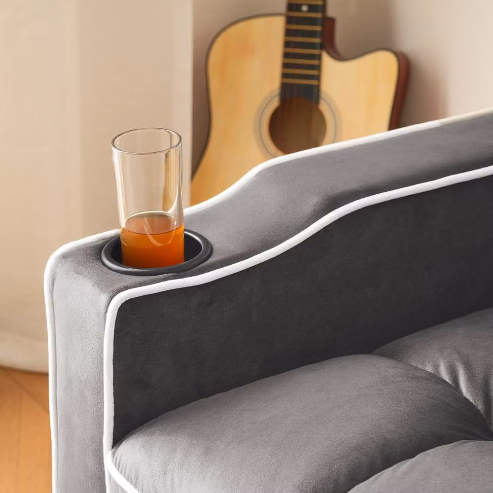 BTM 3 in 1 Recliner Sofa Bed with Drink and Phone Holder in Grey Velvet Fabric – 4