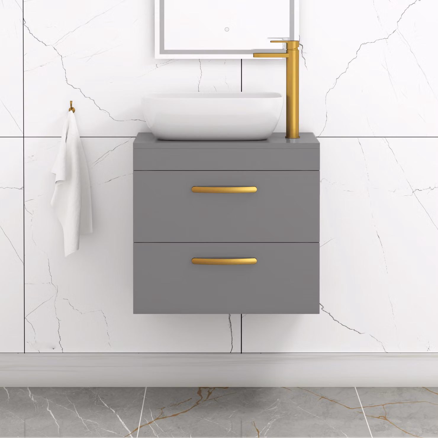 Royal Bathrooms 600mm Wall Hung Vanity Unit with 2 Drawers in Indigo Grey Gloss and Elva Countertop Basin with Brushed Brass Handle