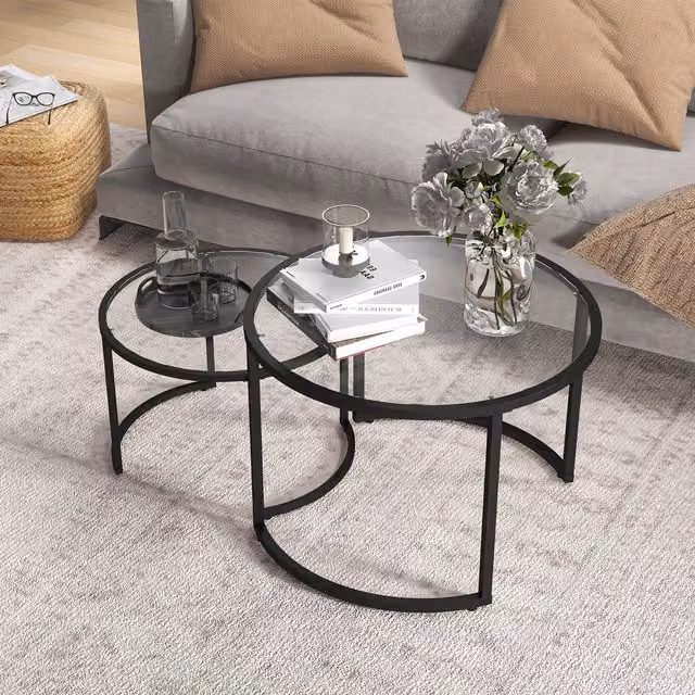 HOMCOM Nesting Coffee Table Set of 2 in Black Lacquered Composite
