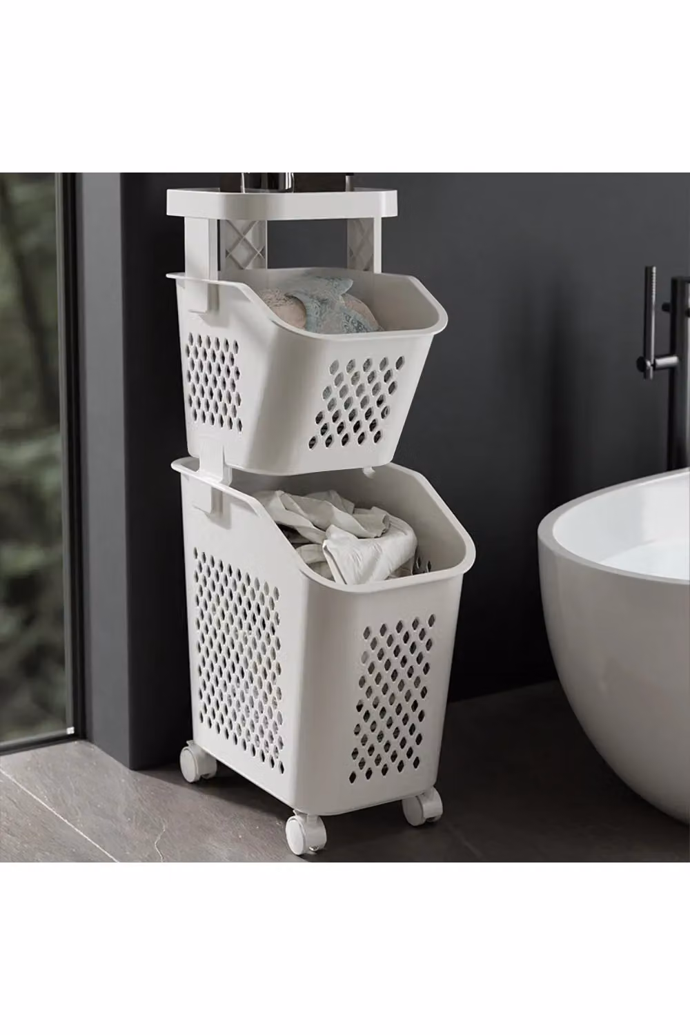 Living and Home 3-Tier Plastic Laundry Hamper Storage Rack with Casters in Grey and White – 2