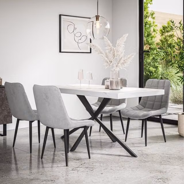 More4Homes Donni Dining Table and 4 Anika Velvet Chairs Set with Marble Effect Top in Grey, White and Black