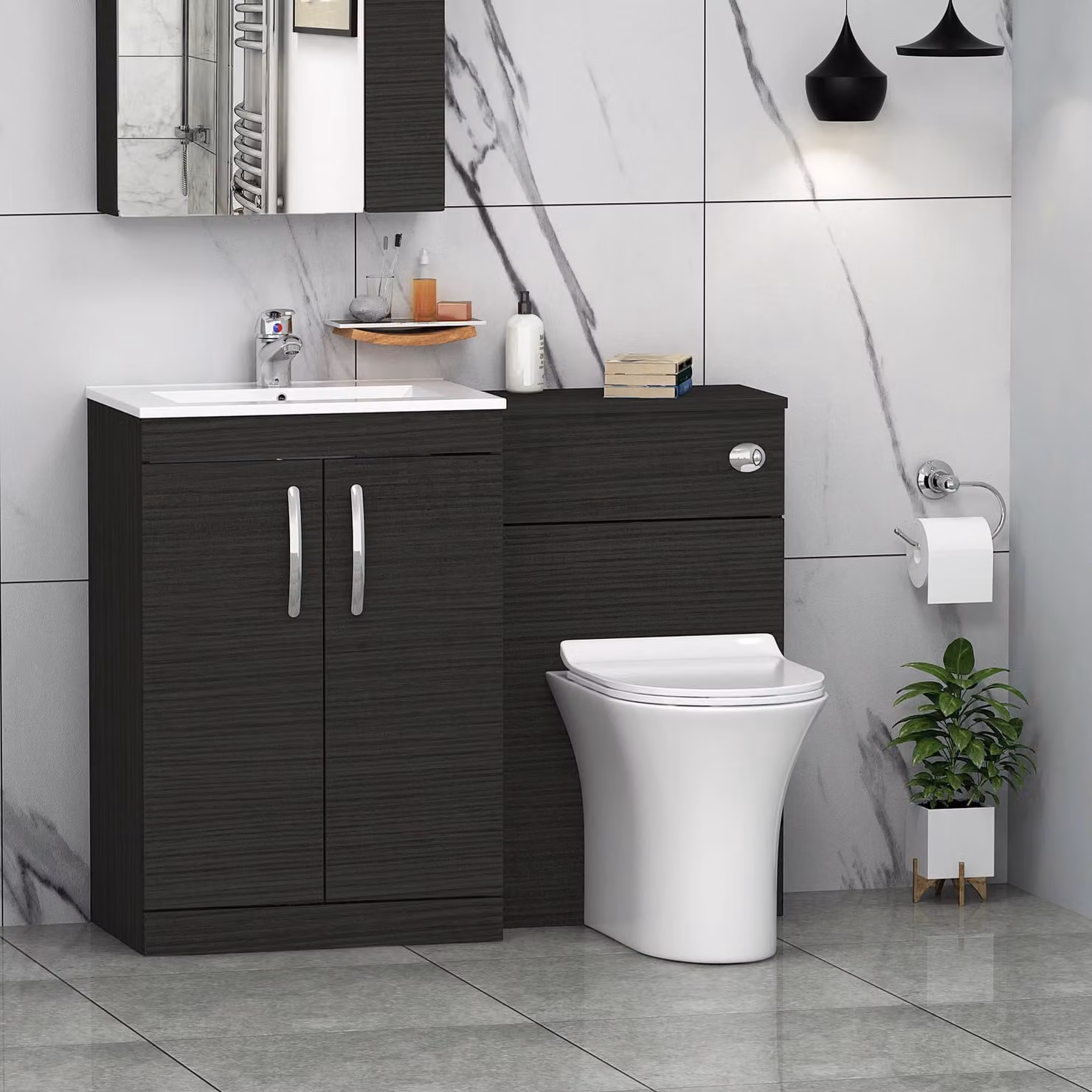 Royal Bathrooms Hale Black 2 Door Furniture Pack with Minimalist Basin and Slim Breeze Back to Wall Toilet, Width: 110 cm