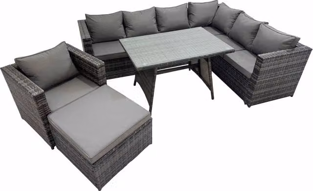 Fimous Rattan Garden Furniture Set with Tempered Glass Dining Table and Footstool in Dark Grey Mixed