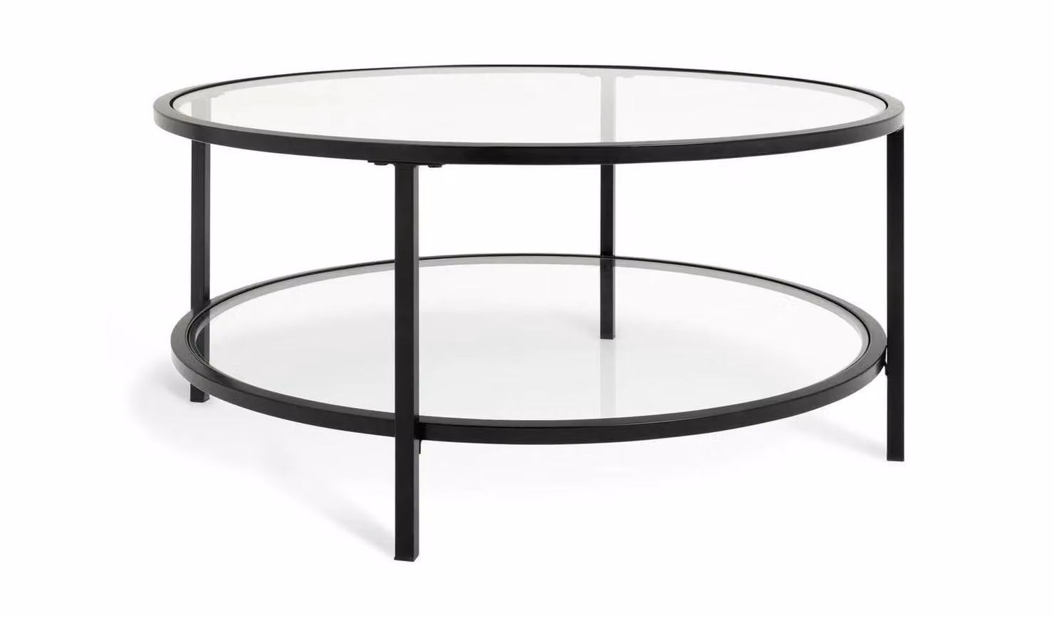 Boutique Round Black Industrial Coffee Table with Glass Top and Metal Legs, W/D/H: 81 x 81 x 40 cm
