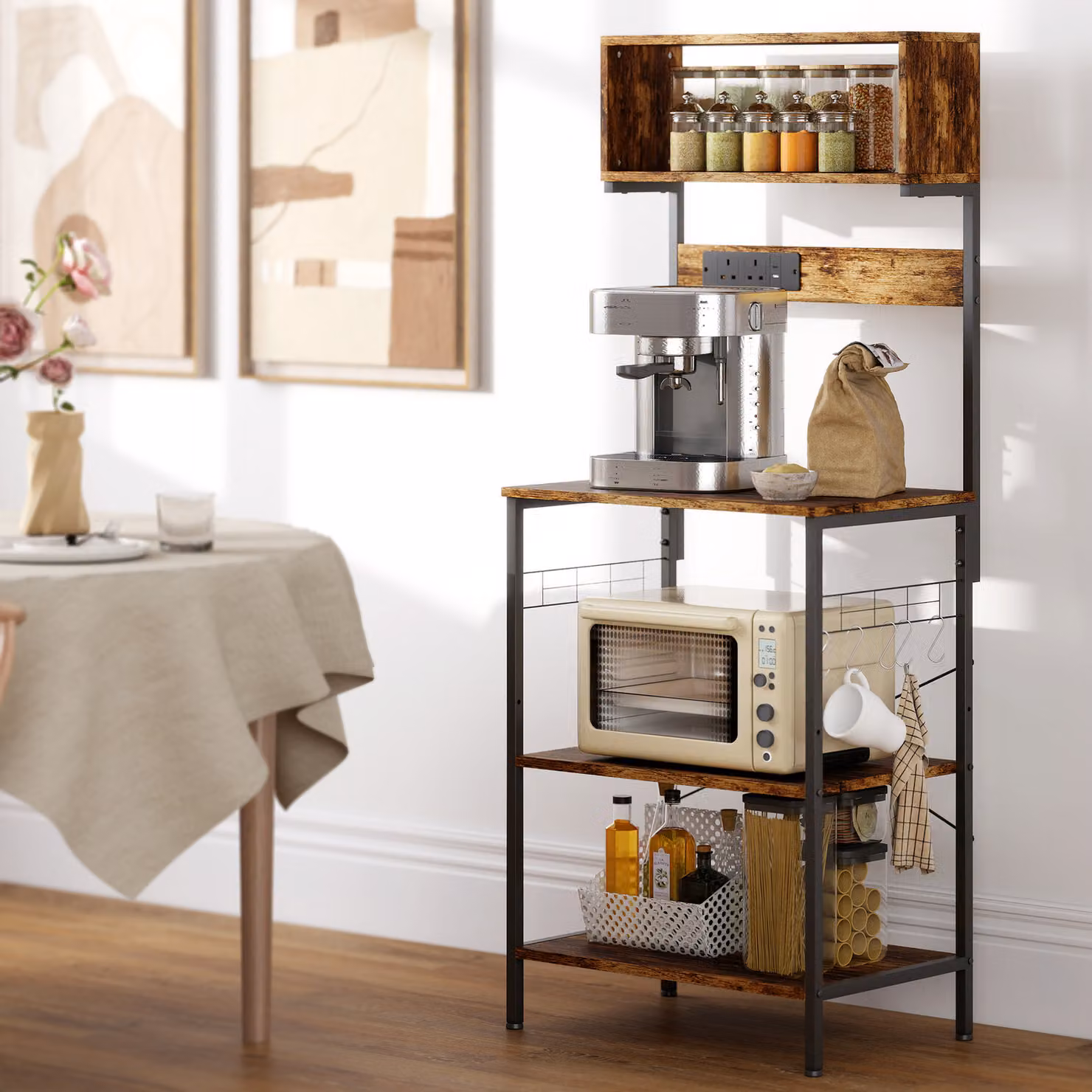 HOMCOM Bakers Rack with Power Outlet and USB Charger, Rustic Brown Kitchen Storage Unit with Adjustable Shelves and 5 Hooks – 7