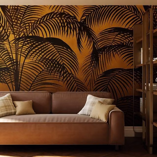Superfresco Easy Palm Silhouette Golden Ochre Floral Wall Mural in Yellow, W: 300 cm, H: 280 cm