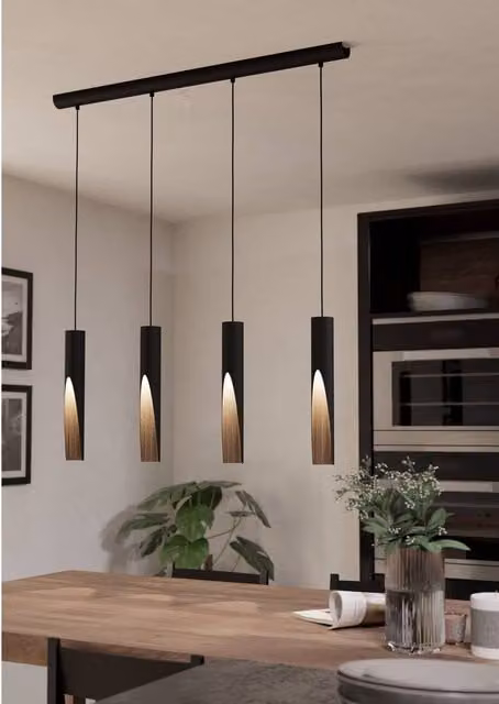 Eglo Barbotto Modern Industrial 4 Pendant Light WBS in Brown, Wood and Black
