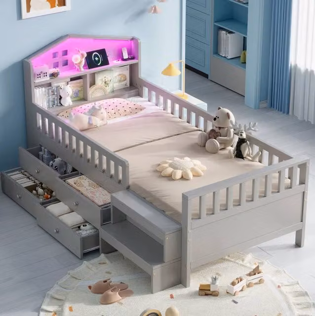 STILVORA Single Low Loft Bed in Grey with Storage Drawers, LED Lighting, USB Charging Port and Bedside Shelf