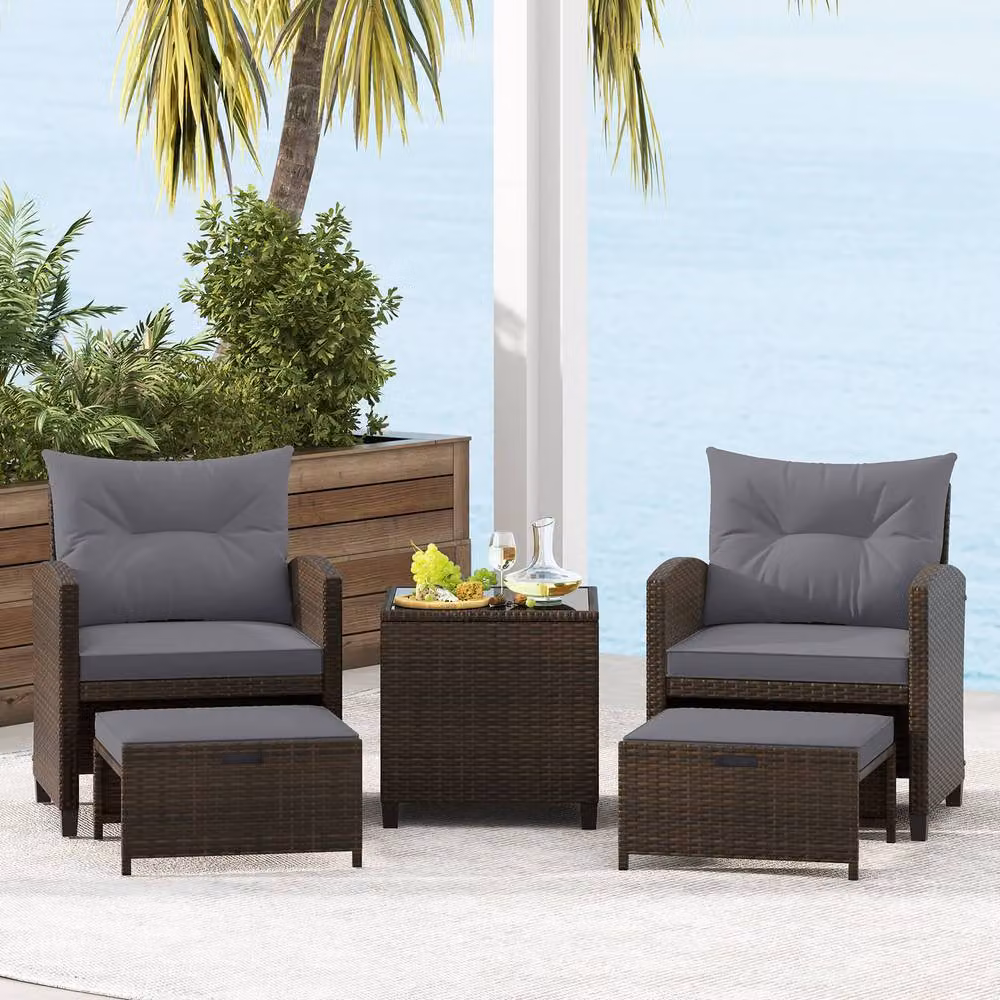 Gymax 5 Piece Grey Rattan Patio Furniture Set with Cushioned Wicker Chairs – 8