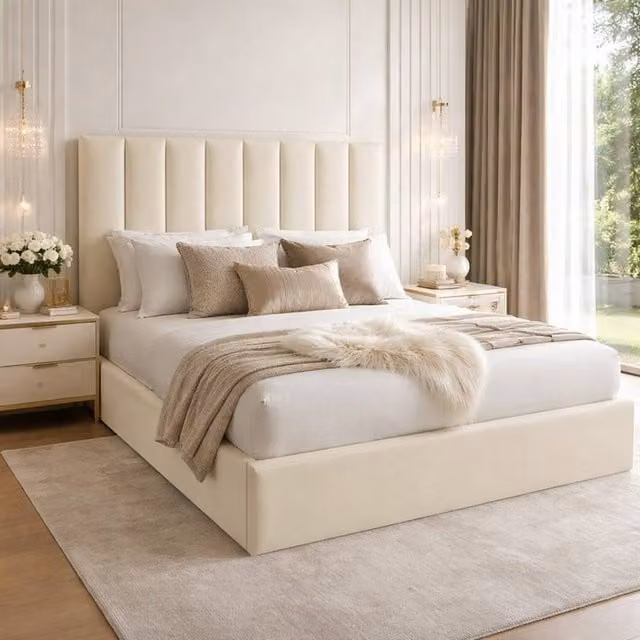Desire Deco Suenna Upholstered Plush Velvet Panel Bed Frame in Cream, Super King, W/D/H: 200 x 190 x 125 cm – 1