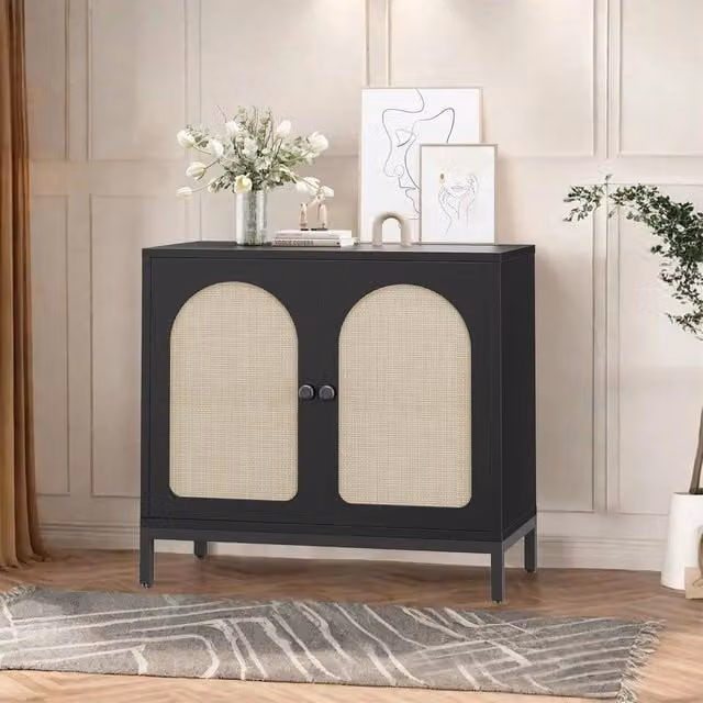 VOGREX Multicolour Wood and Metal Storage Cabinet with Rattan Decor for your Living Room – 1