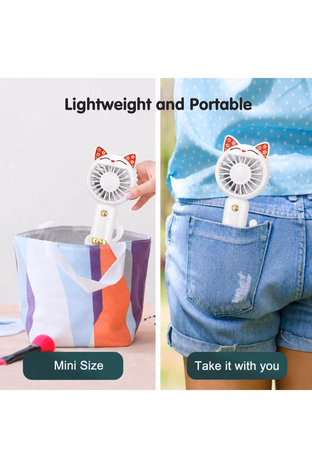 Dyzi Mini Cat Ear Handheld Fan, Rechargeable USB Portable Desk Fan in White – 2