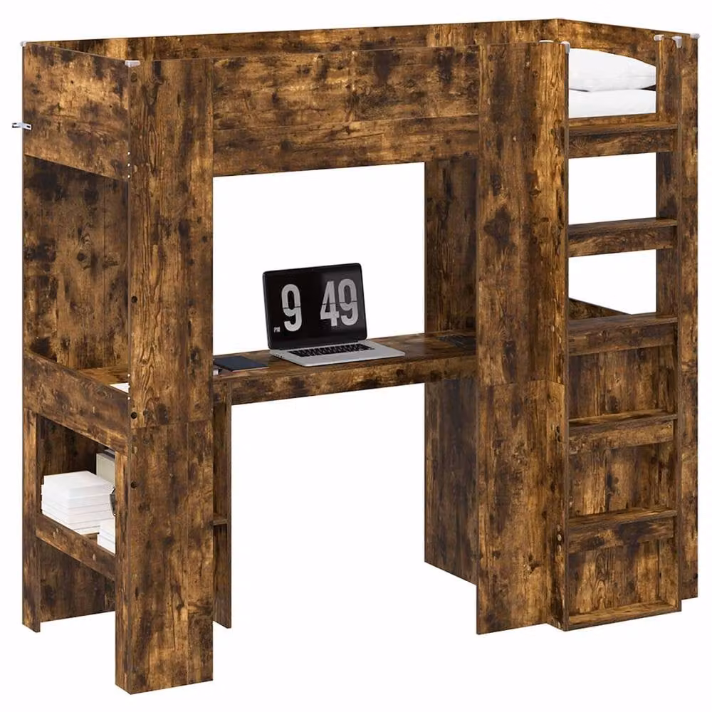 Berkfield Home Loft Bed Frame with Desk in Smoked Oak Brown, Engineered Wood, W: 75 cm, L: 190 cm – 2