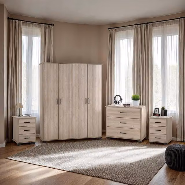 Seconique Oliver 4 Door Wardrobe Bedroom Set in Light Oak Effect with Brown, Black and Beige Accents