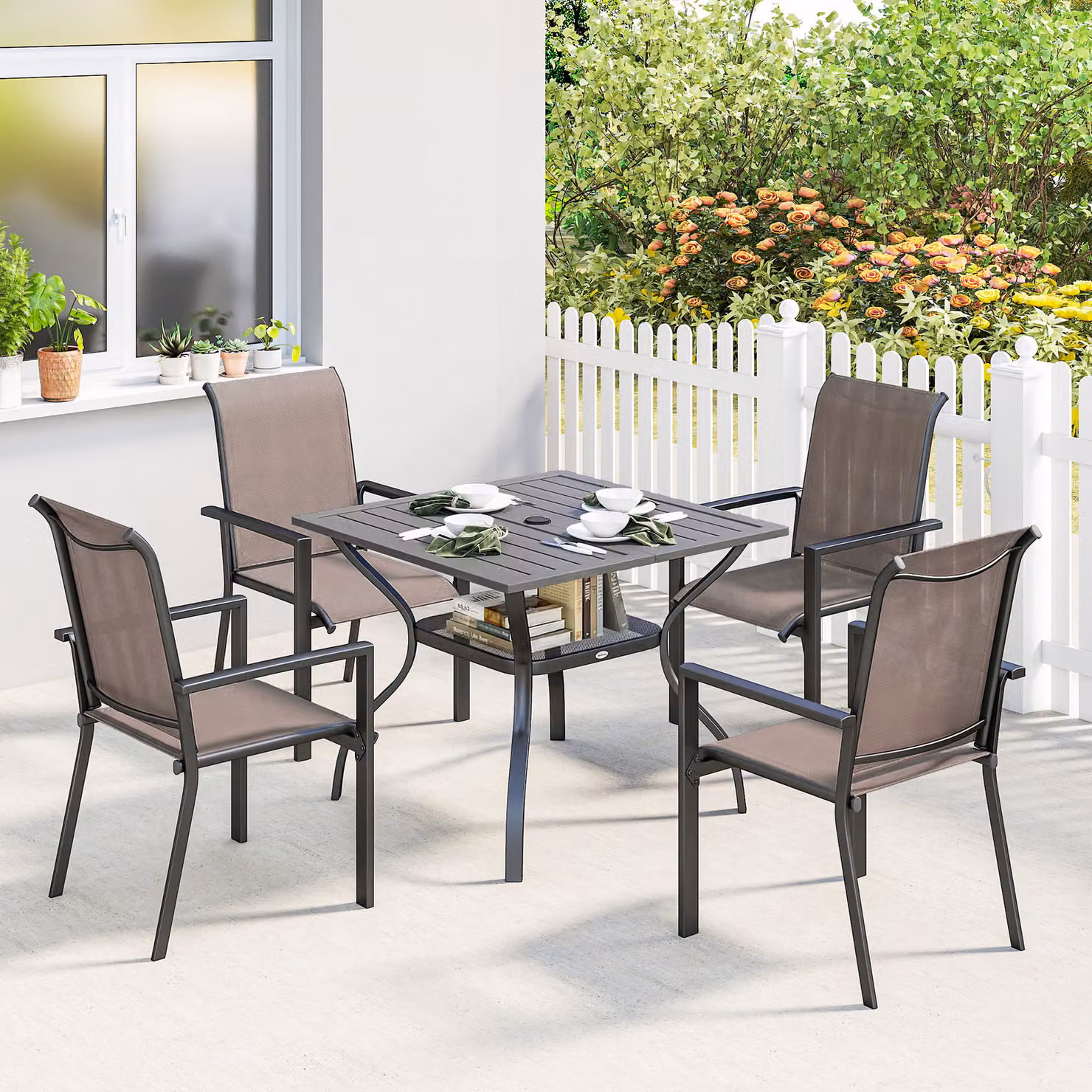 Outsunny 5 Piece Outdoor Dining Set for 4 with Square Table and Stackable Chairs in Grey and Khaki – 2