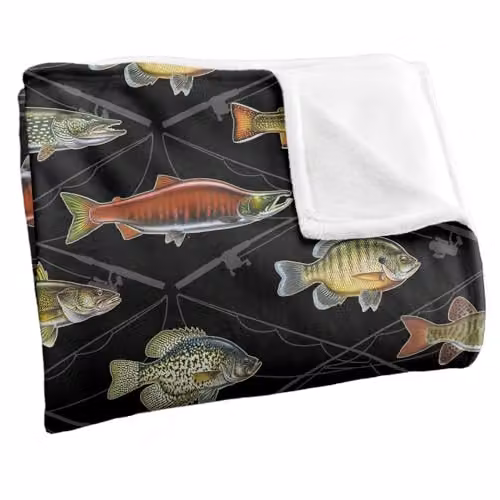 JQ Licensing Fish and Crossed Fishing Rods Pattern Super Soft Fleece Throw Blanket, White, W/D/H: 152 x 127 cm – 2