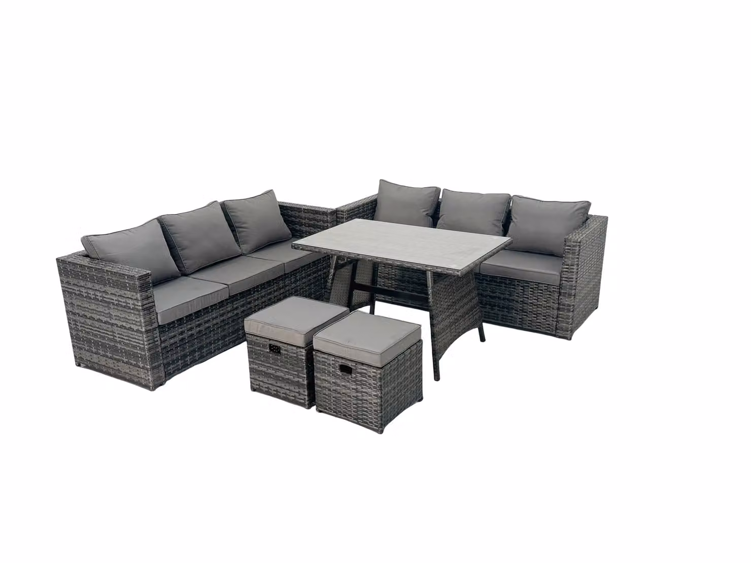 Fimous 8 Seater Rattan Lounge Dining Set with Table and Stools in Grey – 3