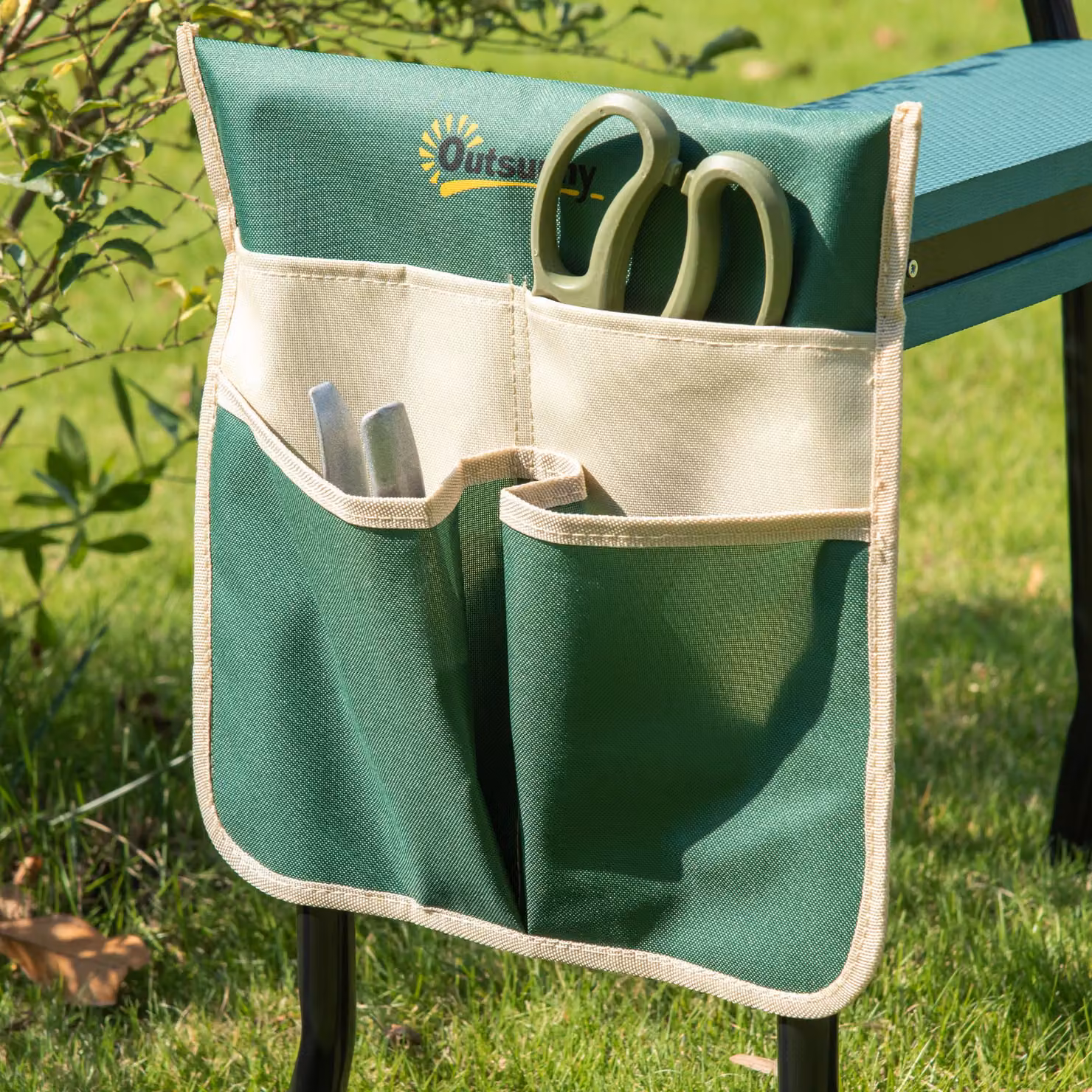 Outsunny Foldable Steel Frame Garden Kneeler Seat with Foam Pad and Tool Bag in Green – 9