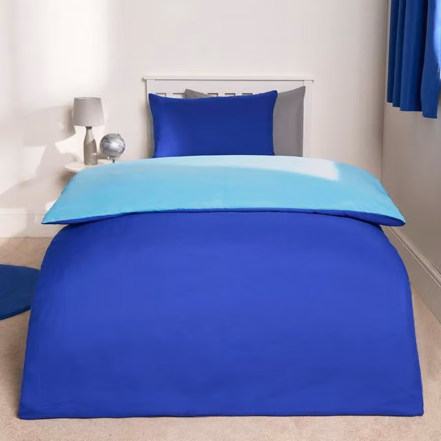 Brentfords Reversible Plain Blue Microfibre Duvet Cover and Pillowcase Set, 90 x 200 cm