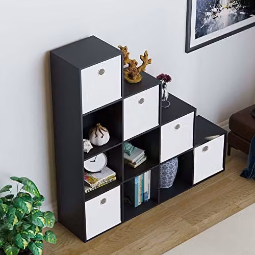 Vida Designs Durham 10 Cube Staircase Bookcase with 5 White Baskets, Black – 4