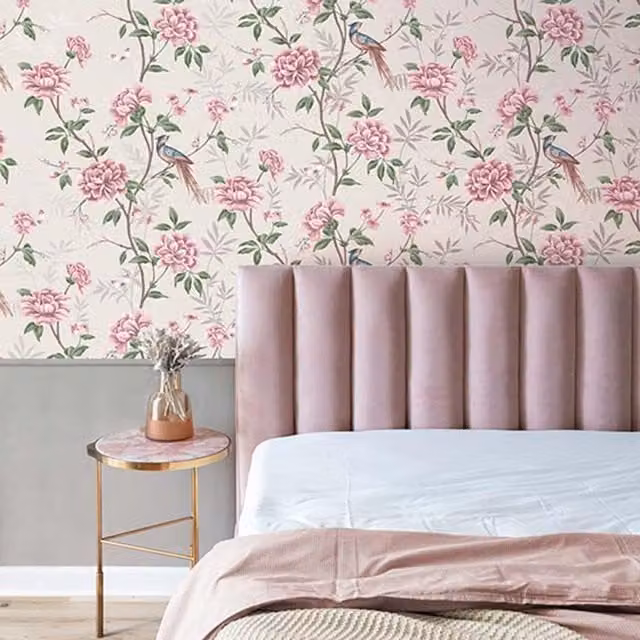 Crown Akina Floral Botanical Wallpaper in White, Pink and Green