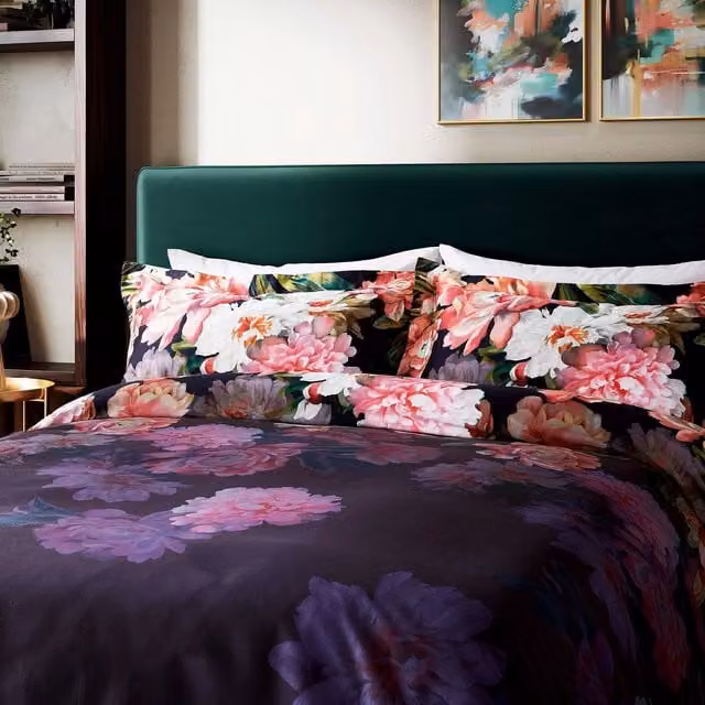 Ted Baker Painted Posy Reversible Cotton Mako Satin Duvet Cover and Pillowcase Set, Blue and Pink, W/D/H: 200 x 220 cm and 140 x 200 cm – 1