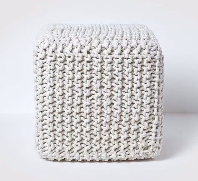 Homescapes Cube Cotton Knitted Pouffe Footstool in Beige