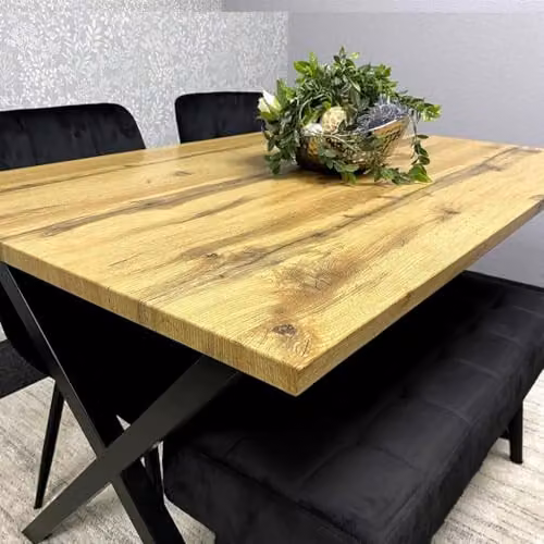 Kosy Koala Modern Dining Table Set with Padded Bench and Black Velvet Chairs, Wood Effect Tabletop with X-Shaped Metal Legs – 2
