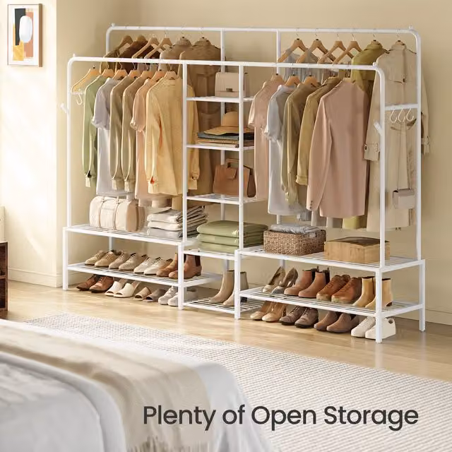 SONGMICS White Metal Clothes Rack with 9 Shelves and Open Wardrobe Design