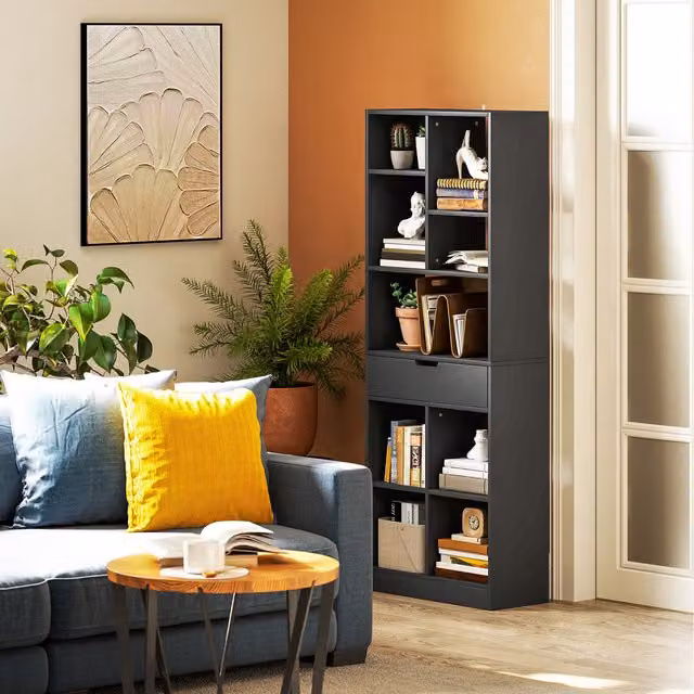 HOMCOM Modern Freestanding Bookcase Display Shelf with Drawer in Black Matt MDF