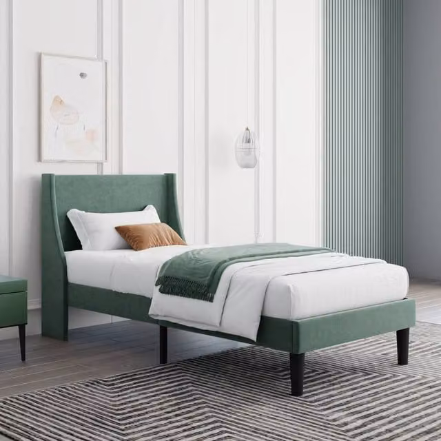 BTM Single Wingback Velvet Bed in Dark Green, W/D/H: 90 x 190 cm – 1