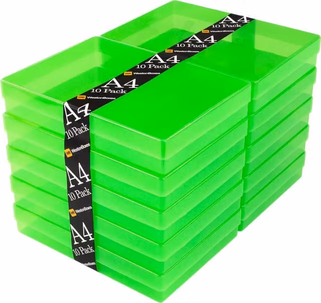 WestonBoxes Set of 10 Green Plastic A4 Craft Storage Boxes with Lids for Art Supplies and Paper