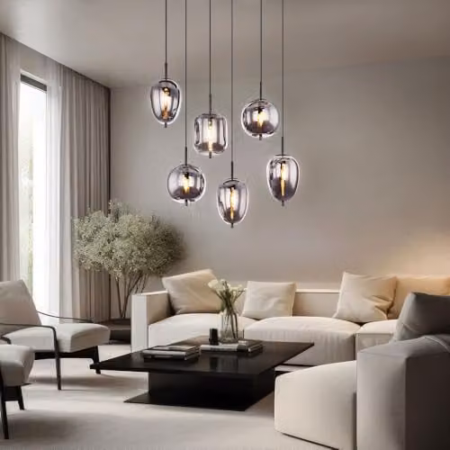 Globo Lighting Modern Suspended Pendant Light with 6 Smoke Glass Shades in Black and Grey, E14, Height Adjustable – 2