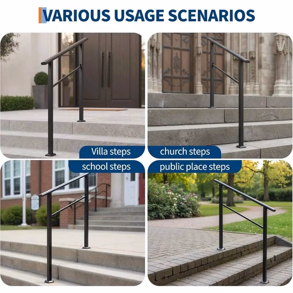 VOGREX Non-Slip Outdoor Stair Handrail Kit for 3 Steps in Matte Black Aluminium – 4