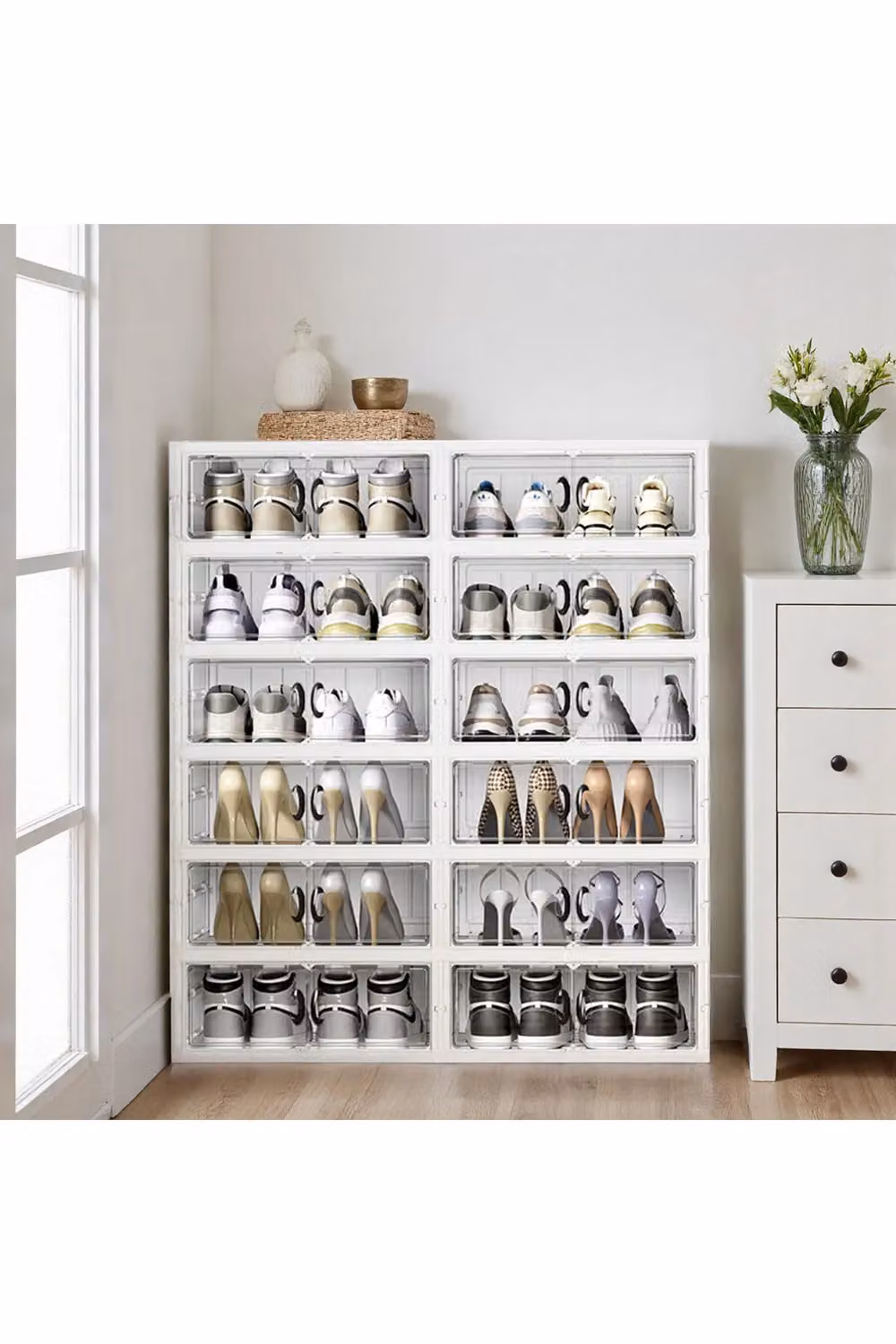 Living and Home 6-Tier Foldable Shoe Storage Box with Magnetic Glass Doors in White – 2