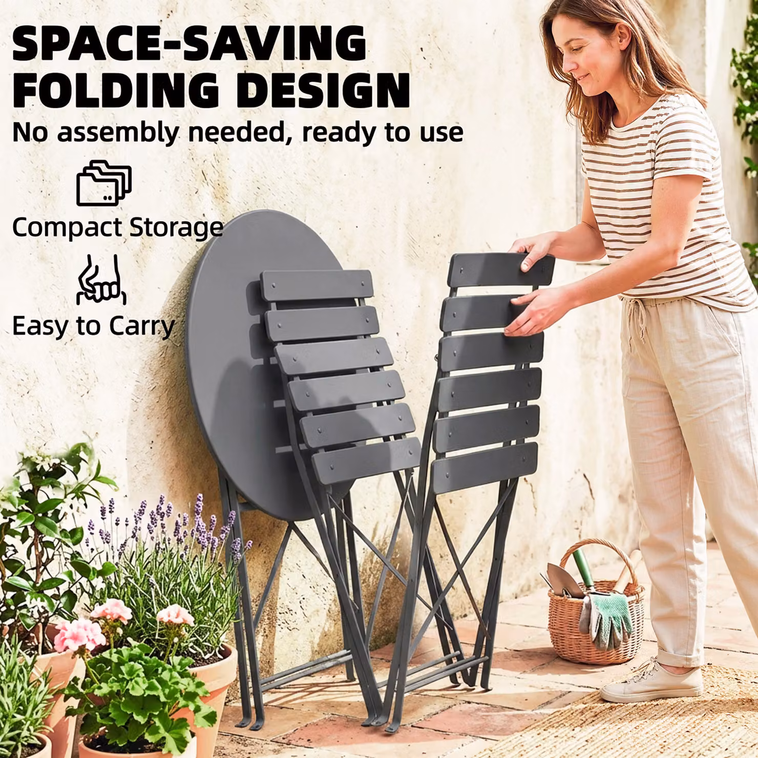 Outsunny Grey Folding Garden Bistro Set with Round Table and 2 Chairs and Electrophoresis Metal Frame – 5