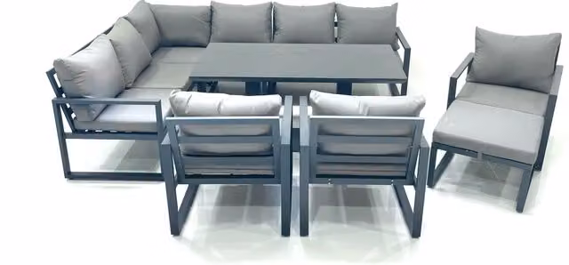Fimous Aluminum Outdoor Garden Furniture Set in Dark Grey with Corner Sofa, Big Footstool, 3 Chairs and Height Adjustable Dining Table – 1